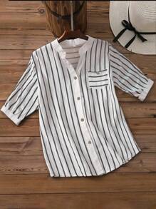INAWLY Chemise casual rayée simple avec poche et manches courtes avec boutons pour femmes