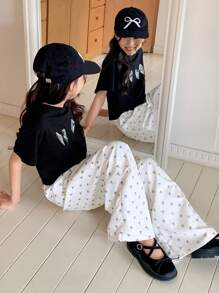 Dazy Kids Tween Girls Graphic Print Round Neck Knit Short Sleeve T-Shirt + Pants 2Pcs Set, Fall Outfit - Black - View 8