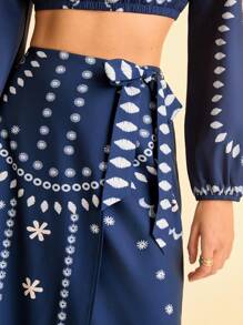 CAJUNI Falda envolvente de estilo bohemio casual de verano con estampado de totem y encaje para vacaciones de mujer, en colores azul y blanco