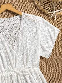 Teen Girls Solid Color Lace Drawstring Waist Bikini Cover Up White Lace Dress White Summer Dress White Beach Dress White Vacation Dress White Cover-Up DressIt Pairs Well With A One-Piece Swimsuit Set For A Vacation Beach
