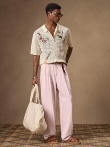 AKNOTIC 男士派对编织时尚休闲宽松轻盈纯色直筒裤，适合夏季、度假、日常搭配、派对、情侣装、男士礼物