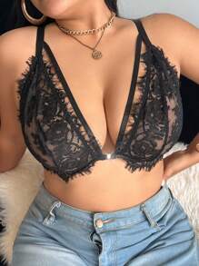 Plus Size Lace Patchwork Sheer Three-Cup Criss-Cross Retro Romantic Front Closure Bra - Black - View 5
