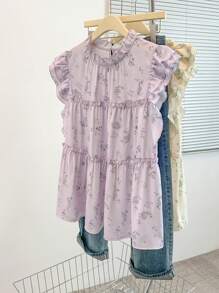 SHEIN Clasi Camicia stampata da donna casual da vacanza con balze, fiori piccoli e senza maniche, camicia casual estiva, camicia floreale, camicia floreale senza maniche con balze
