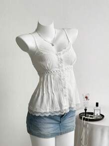 Elamini 甜美优雅蕾丝拼接 V 领修身吊带背心女式衬衫，夏季