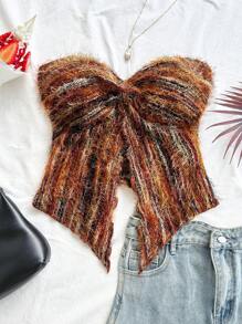Soleia Atasan Crop Top Wanita Gaya Boho Rajutan Linen Bertekstur dengan Detail Lipatan di Bagian Depan - MultiWarna - View 3