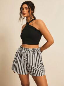 SHEIN VCAY Plus Size Vacation Casual Solid Halter Top And Striped Shorts 2Pcs Set Summer Boho Women's Clothing Brunch Outfits For Women Airport Outfit For Women Beach Vacation Outfits City Break Outfits Holiday Outfits