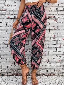 SHEIN Tall Pantalon de harem plissé à la taille à imprimé rétro pour femmes (imprimé rétro aléatoire) - Multicolore - Voir 1