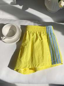 Comfortcana 女士黄色侧条纹松紧腰宽松休闲短裤，夏季