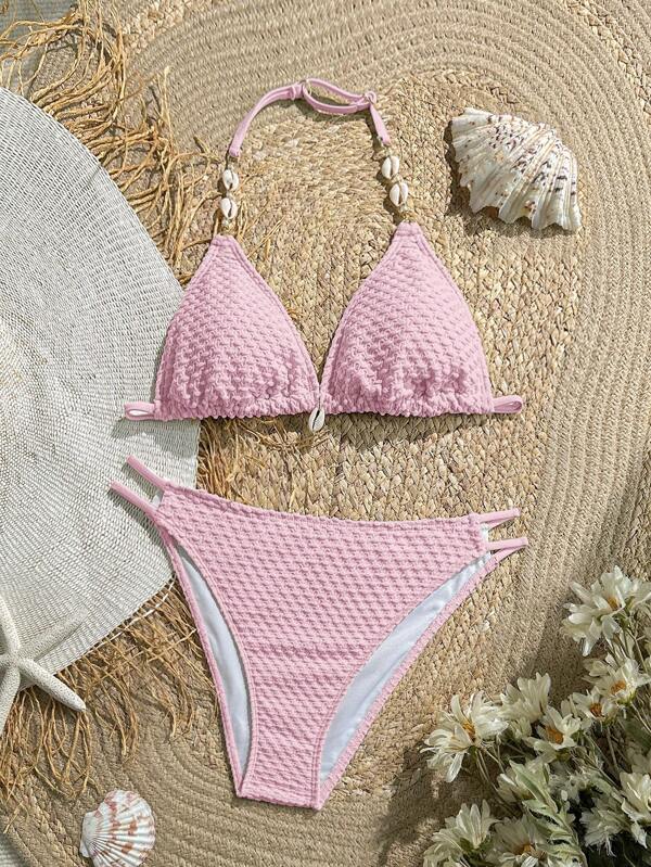 SHEIN Teen Girl White Apricot Knitted Texture Shell Decoration,Summer Beach Whip Halter Neck Stitch Halter Triangle Bikini Set,Beach Outfit Bathing Suit Summer,Summer Beach Pink Textured Bikini Seashell Bikini Pink Bikini