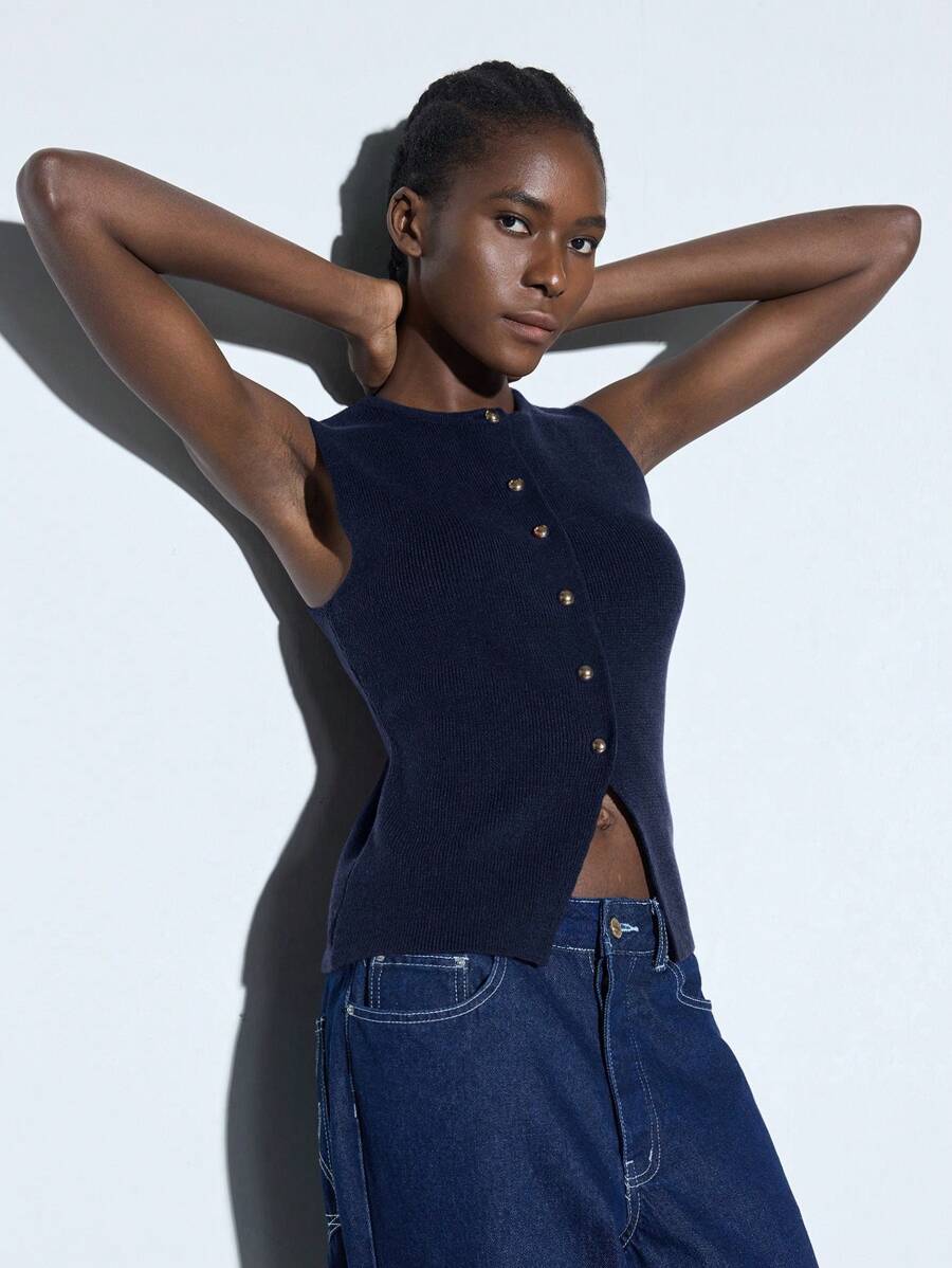 Maija Women's Casual Solid Color Sleeveless Button Front Knit Top, Business Casual Office Wear For Ladies, Suitable For Summer And Autumn Knit Top Women Summer Tops Women Knit Tops Women Knit Top Sleeveless Knit Top Teacher Outfits Tops For Going Out Business Casual Woman Office Outfits For Women Work Clothes Women Work Clothesoffice Wear Women Office Attire For Women Going Out Tops Women Casual Blouses For Ladies - Navy Blue - View 1