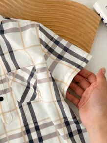 Boys Casual Check Pattern Collar Short Sleeve Henley Shirt And Solid Color Pants Set, Suitable For Commute, School, Daily Wear And Sports, All Seasons - Multicolor - View 8