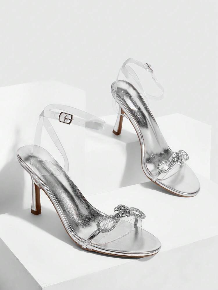CUCCOO SZL Women's Fashion Sexy Nightclub Glamour Clear TPU & Silver Metallic PU High Heels Sandals With Silver Crystal Bow