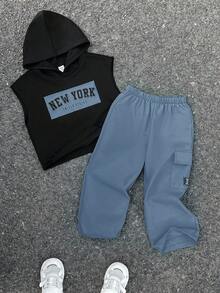 SHEIN 2 Piece Kids Boy Casual Korean Style Letter & Graphic Print Loose Hoodie Top And Straight Leg Sweatpants Set, Suitable For School, Garden, Beach, Birthday, Spring, Summer, Autumn, Winter - Dusty Blue - View 8