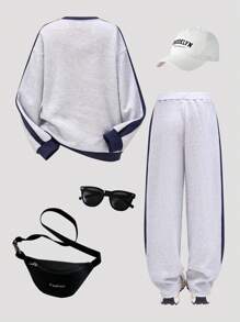 SHEIN 青少年女孩休闲运动和家居服拼色宽松圆领运动衫和阔腿运动裤套装 - 灰色 - 查看 5