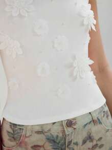 MOTF PREMIUM STEREO FLOWER AND FAUX PEARL DETAIL RIB-KNIT SLIM FIT TANK TOP - White - View 2