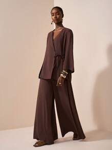 Veslaya Set di tuta casual da donna oversize, composto da top a maniche lunghe con laccio e pantaloni larghi, colore tinta unita, adatto per l'autunno e l'inverno 2025. Set di pantaloni e giacca marrone con pantaloni a gamba ampia.