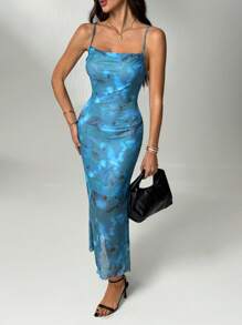 SHEIN Tall 女士夏季度假花卉印花吊带背心连衣裙 - 水鴨藍 - 查看 6