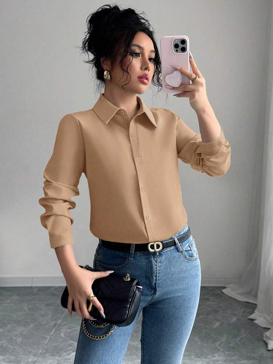 Selianne Women's Solid Color Minimalist Long Sleeve Shirt, Casual Daily Wear Fall Cloth For Women - Khaki - View 1