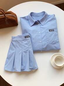Tween Girl Casual Solid Color Polo Collar Crop Top & Pleated Skirt Co-Ord Set - Blue - View 6