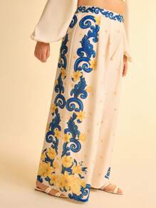 CAJUNI Plus Size Women's Holiday Style Tropical Floral Print Beige Loose Casual Pants For Summer