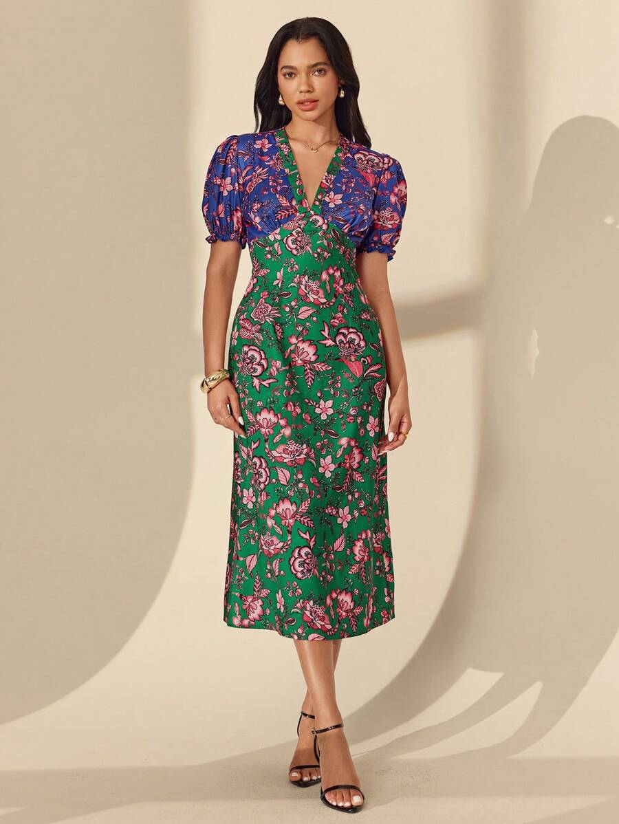 Chiquease 女士优雅花卉拼色连衣裙 - 彩色 - 查看 1