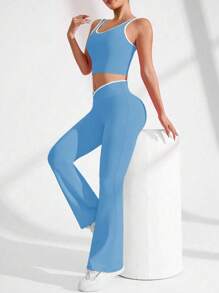 Easithlete 女士撞色装饰吊带背心和裤子 运动套装 喇叭裤 紧身裤 两件套瑜伽套装 运动两件套 运动两件套 女士健身套装 - 淺藍色 - 查看 4