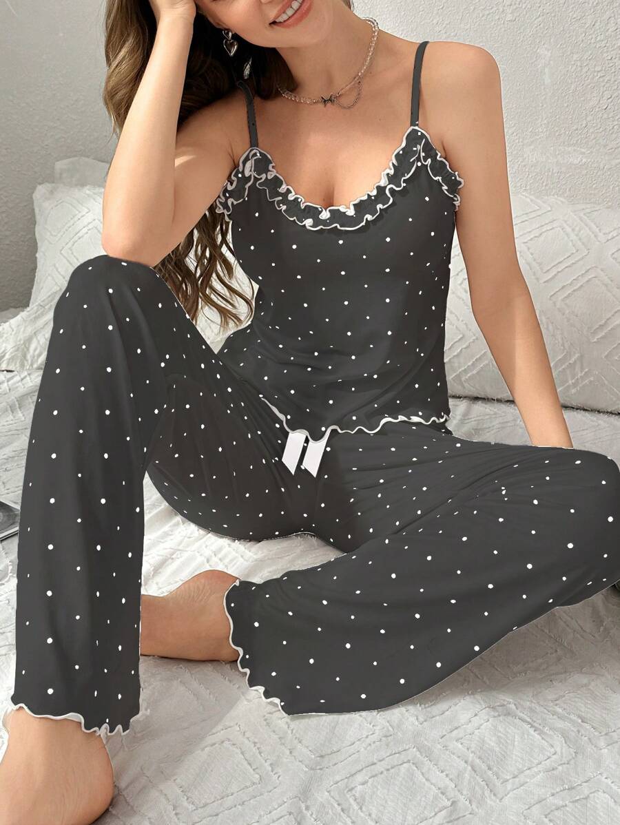 两件套波尔卡圆点印花无袖上衣和裤子睡衣套装 - 黑色 - 查看 1