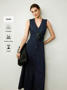 Uhlyne Uhlyne Rochie lungă din in, elegantă, fără mâneci, pentru femei (cu curea) - Albastru marin - Vizualizare 9
