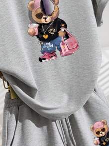 INAWLY 2 件女式休闲插肩袖熊印花宽松 T 恤套装 - 灰色 - 查看 8