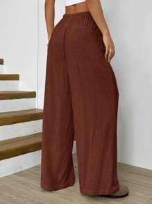 SHEIN EZwear 大码休闲百搭纯色阔腿裤 - 棕色 - 查看 2