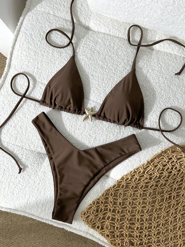 Swim Mod Set bikini sexy pentru femei, cu bretele tip spaghete, decorat cu metal, în culori solide, de vară