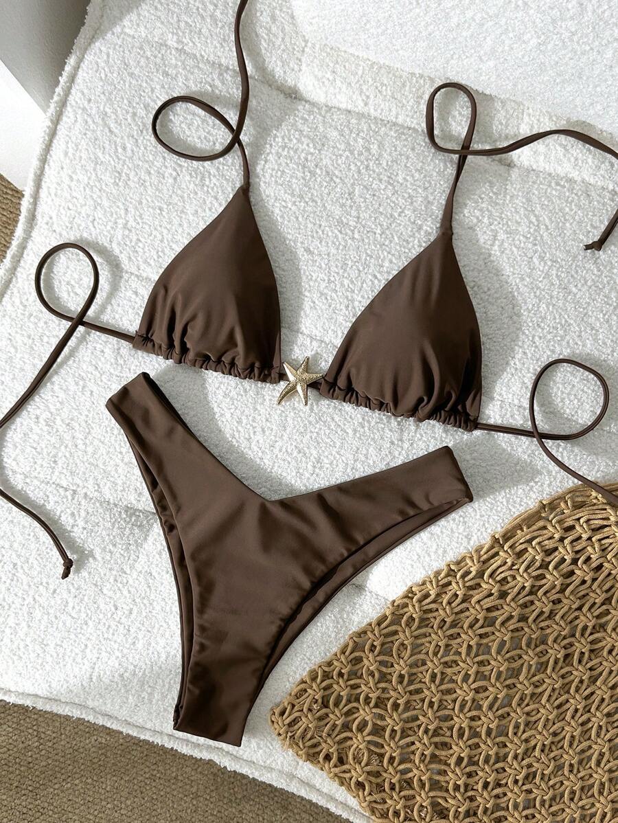 Swim Vcay 女士纯色金属装饰细肩带性感比基尼套装，夏季