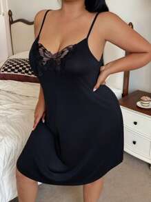SHEIN Camisón informal de mujer sin mangas, con espalda abierta, bordado de mariposa de encaje y diseño sexy