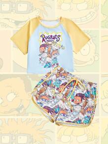 Nick 90's X ROMWE Conjunto de pijama informal con top de manga corta y shorts con estampado de dibujos animados