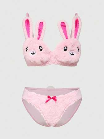 Kawaii Conjunto de sujetador sin aros y pantys de peluche con bordado de conejito lindo