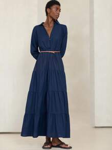 Aveloria Modichic New Linen Patchwork Ruffle Hem Long Dress, Elegant Design For Women - Navy Blue - View 6