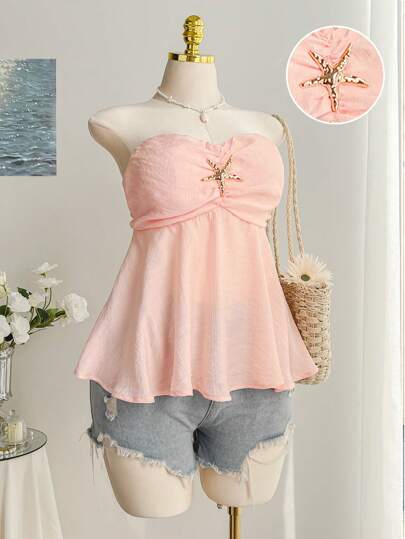 Comfortcana Plus Size Women's Pink Starfish Decor A-Line Sleeveless Casual Vacation Camisole Top Summer Tops Cute Summer Tops Strapless Starfish Top