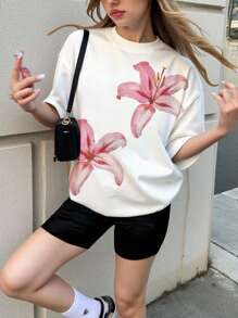 Teenagers Girls' Casual Fashionable Minimalist Lily Flower Print Short Sleeve T-Shirt