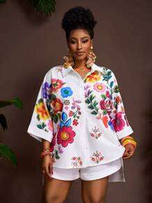 Veslaya Conjunto de 2 piezas de verano para mujer talla grande: blusa de manga dolman con cuello vuelto y estampado floral blanco, y pantalón corto de cintura elástica y pierna ancha. Conjunto de 2 piezas bordado para vacaciones con estampado floral - Blanco - Ver 5