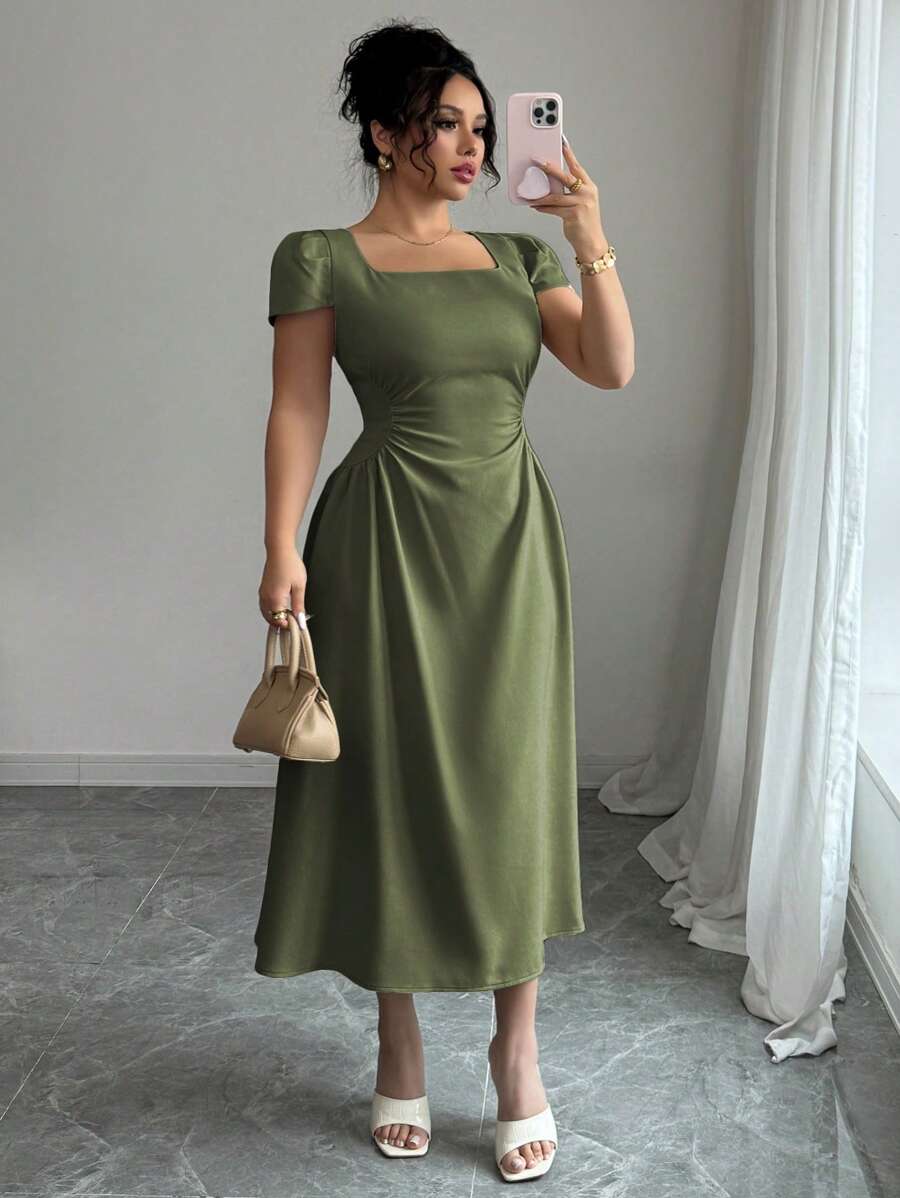 SHEIN Unity Plus Size Women French Elegant Casual/Vacation/Afternoon Tea Solid Color Square Collar Cinched Waist Flattering Puff Sleeve Midi Dress, Spring/Summer - Army Green - View 1