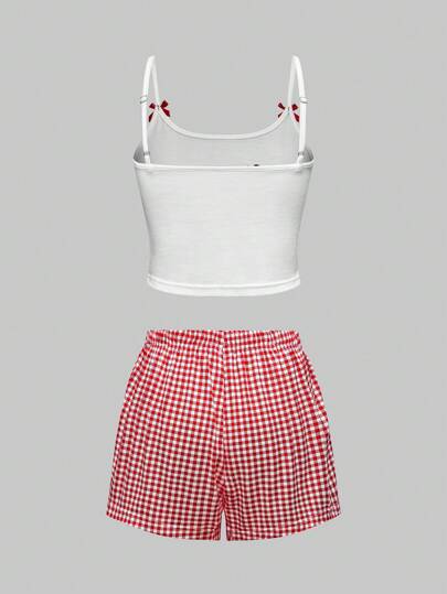 Kawaii Women Cherry Letter Embroidery Bowknot Camisole And Plaid Shorts Casual Lounge Pajama Set