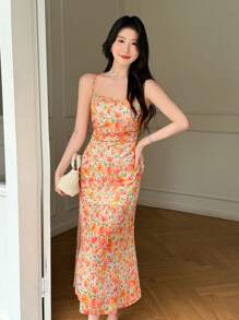 SHEIN LUNE Váy xẻ tà hở lưng in hoa cho nữ, buộc dây, viền bèo nhún (Cắt ngẫu nhiên) - Nhiều màu - Xem 3