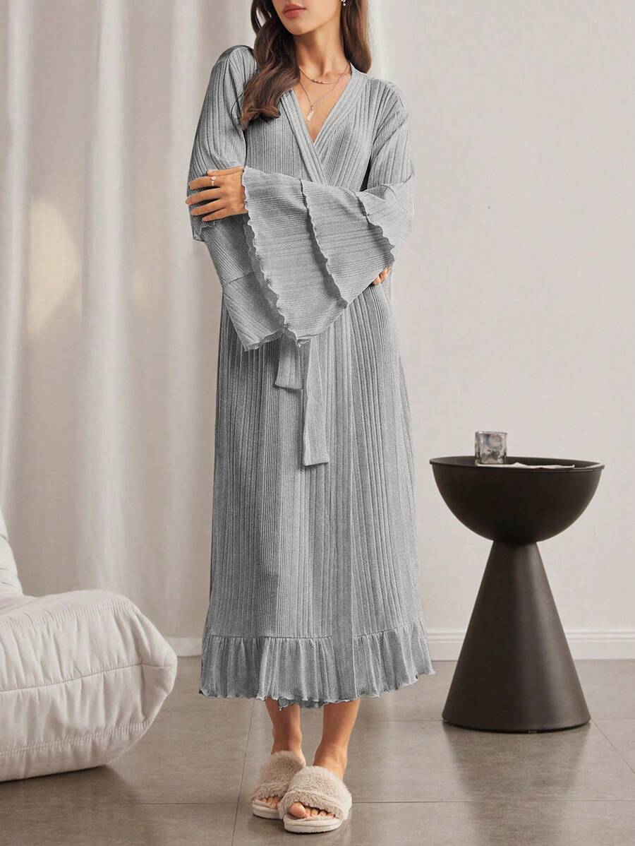 Lazeform Women's Casual V-Neck Long Sleeve Tie-Front Robe, Ruffled Hem Loose Flare Sleeve Long Robe, For Fall & Winter, Cozy Outfits - Grey - View 1
