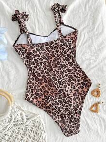 SHEIN Tween Girl Leopard Print & Floral Casual Vacation One-Piece Swimsuit