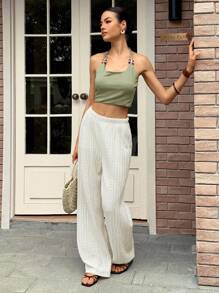 Rafferiza Pantalones sueltos de mujer de punto texturizado para playa y vacaciones casuales