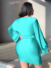 SHEIN LUNE Plus Size Women Red Ruched Tie Front Lantern Sleeve Bodycon Dress, Valentines Day - Blue - View 3