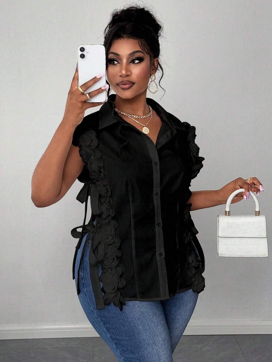 Maweii 大码梭织优雅浪漫花卉蕾丝边无袖衬衫 - 黑色 - 查看 1