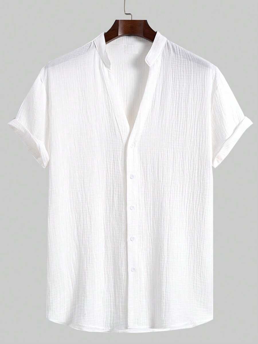 Manfinity Homme 男士夏季纯色短袖单排扣休闲宽松衬衫 - 白色 - 查看 1
