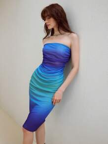 MOTF STUDIO OMBRE PRINT RUCHED SLIM FIT TUBE MIDI DRESS