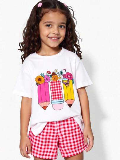 SHEIN 2pcs Back To School Girl (Small) Pencil Drawing Print White Short Sleeve Top And Comfortable Plaid Crop T-Shirt Set, Fashionable In Spring And Summer Girls Checkered Set Kids Girls Clothing Sets Summer Girls Sets Summer